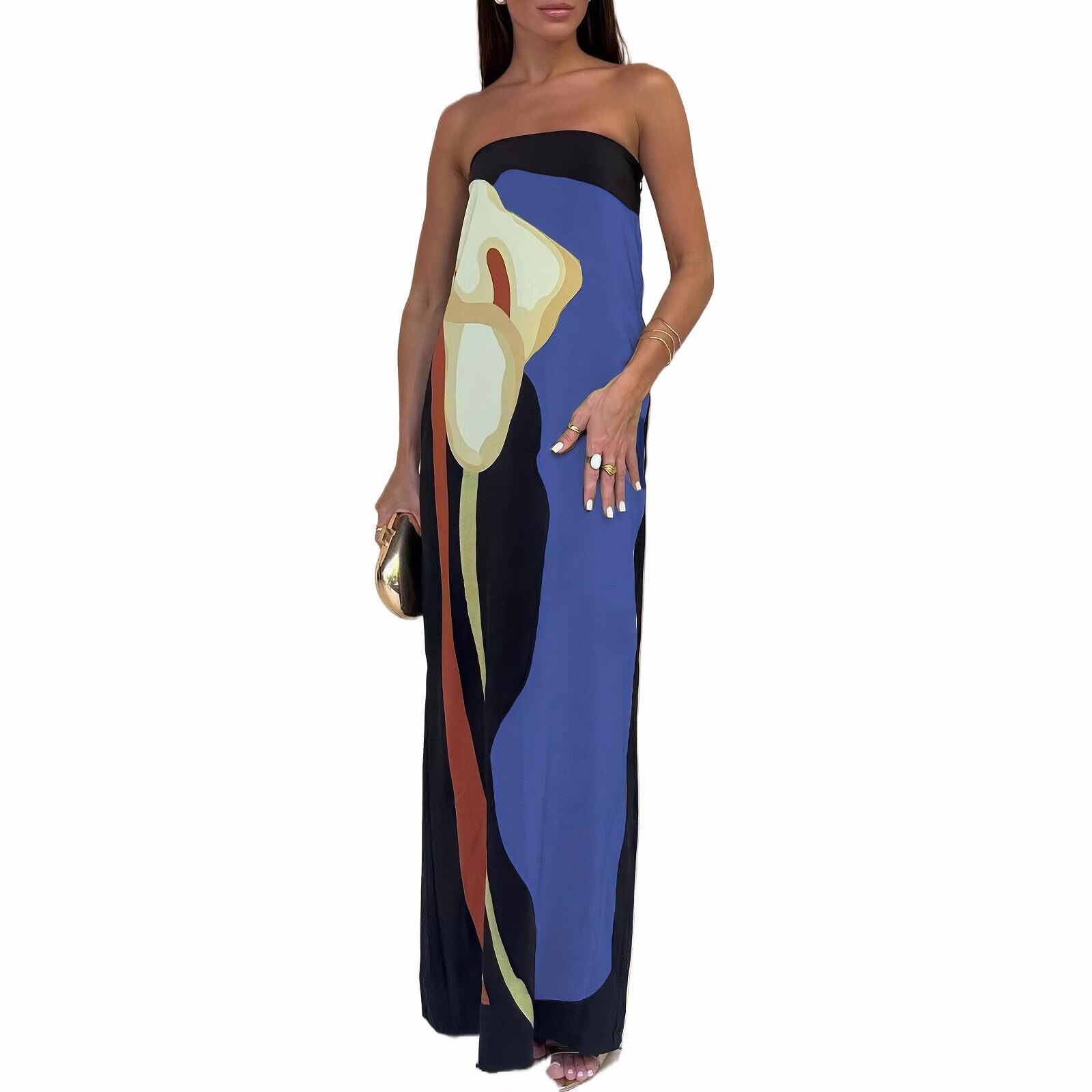7521 Strapless Maxi Dress Boho Floral Print Flowy Long Tube Dress Off